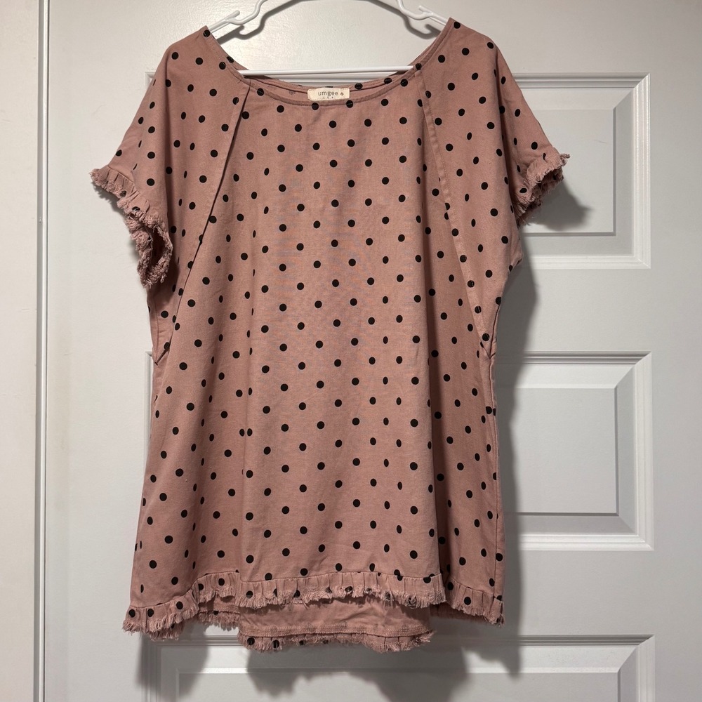 Umgee Polka Dot Linen Cotton Fringe Trim Tunic Top XL Dusty Rose Black - Picture 2 of 9